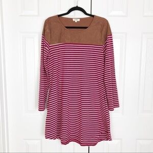 Umgee Striped Elbow Patch Long Sleeve Shirt Dress